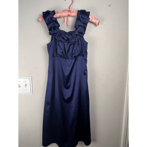 Women's The Limited Navy Blue Ruffle Neck Dress Size 2 Midi Holiday Party
